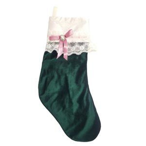 Vintage Christmas Stocking Emerald Green Velvet Lace Ribbon Victorian Romantic